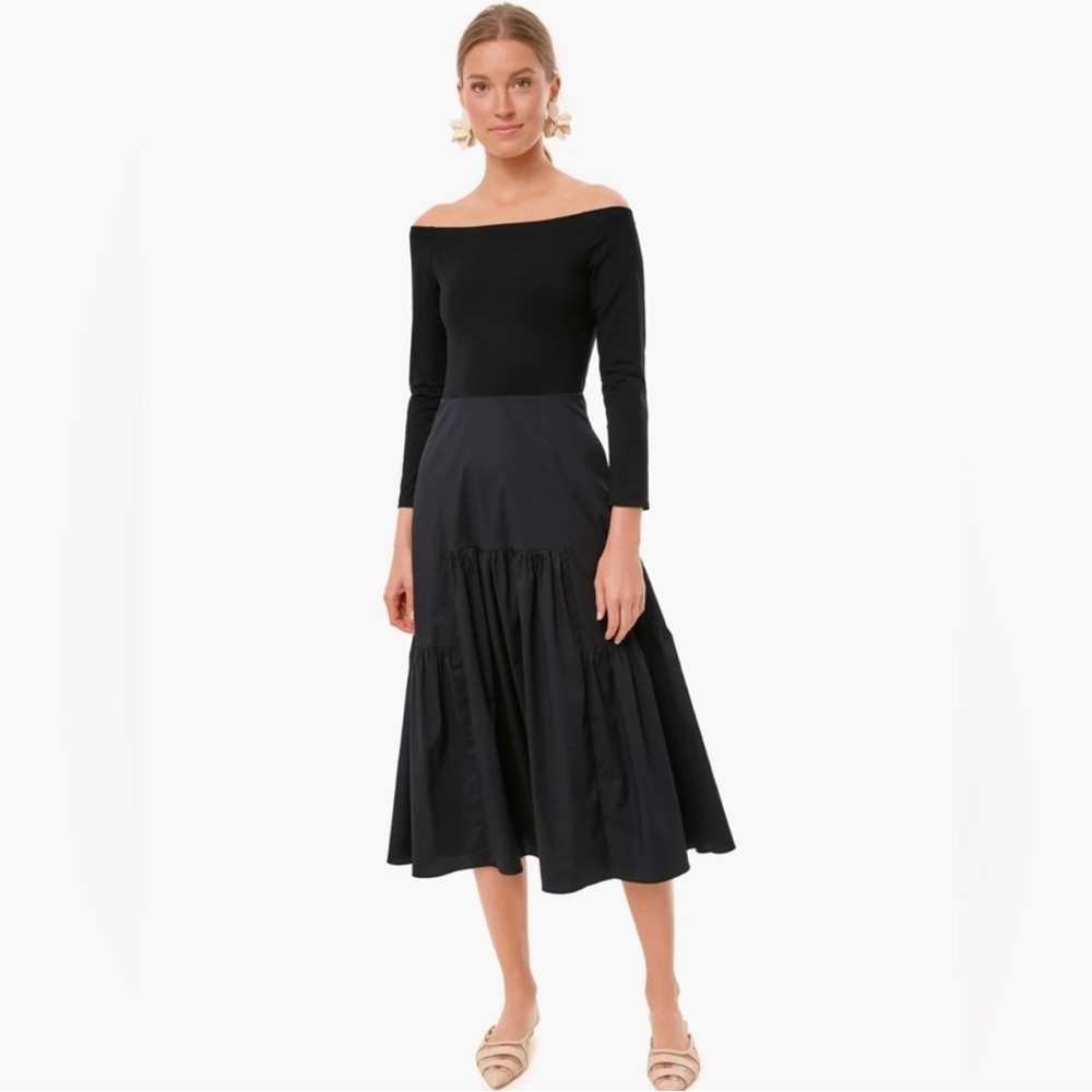 Tuckernuck Black Off-Shoulder A-Line Tiered Midi Dress